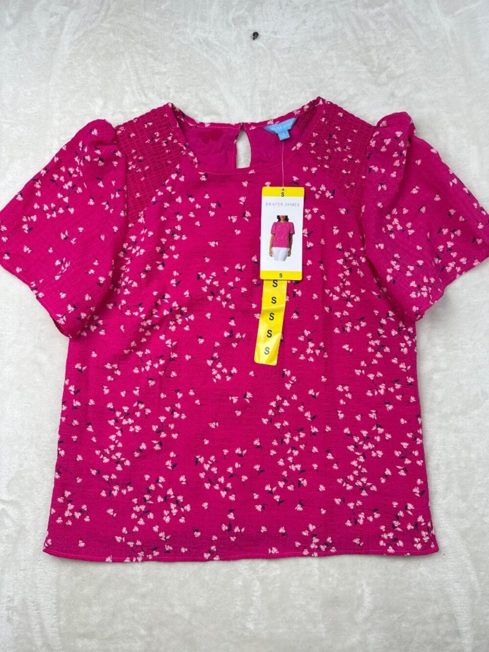 Draper James Pink Floral Smocked Top Short Sleeve Womens Size S